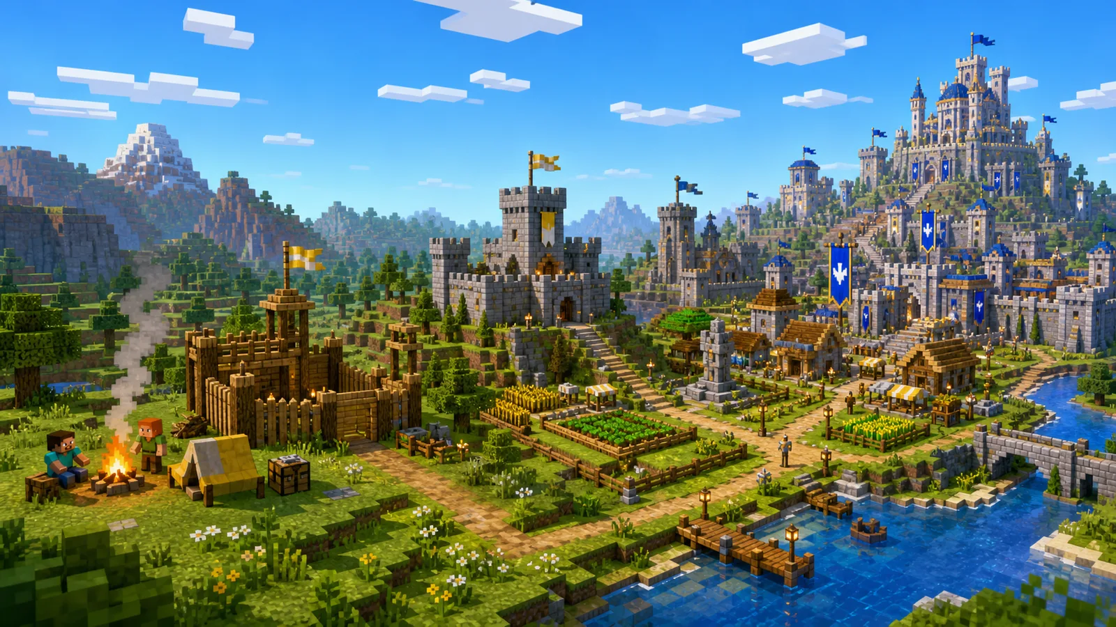 A Minecraft-style faction growing from a small camp into a fortified empire.