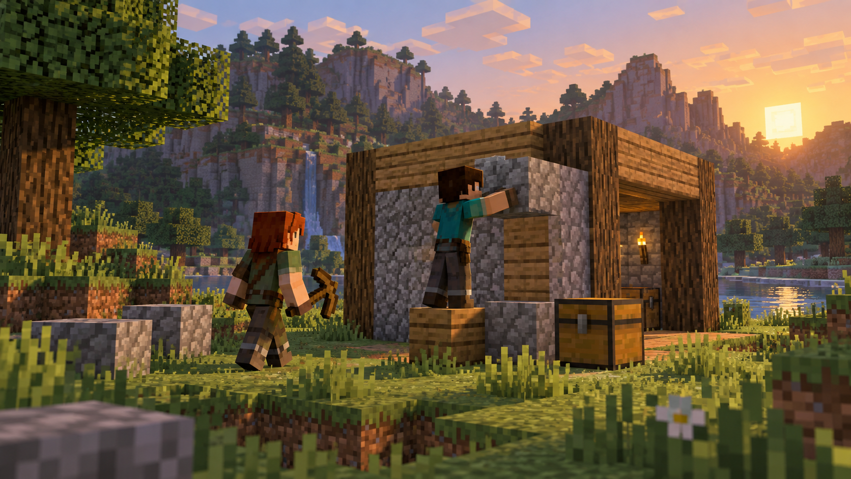 Illustration of two block-style adventurers building a small first base.