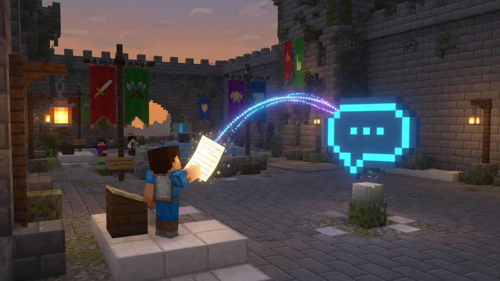 A Minecraft-style United Factions player linking a glowing code from spawn to a Discord community chat icon.