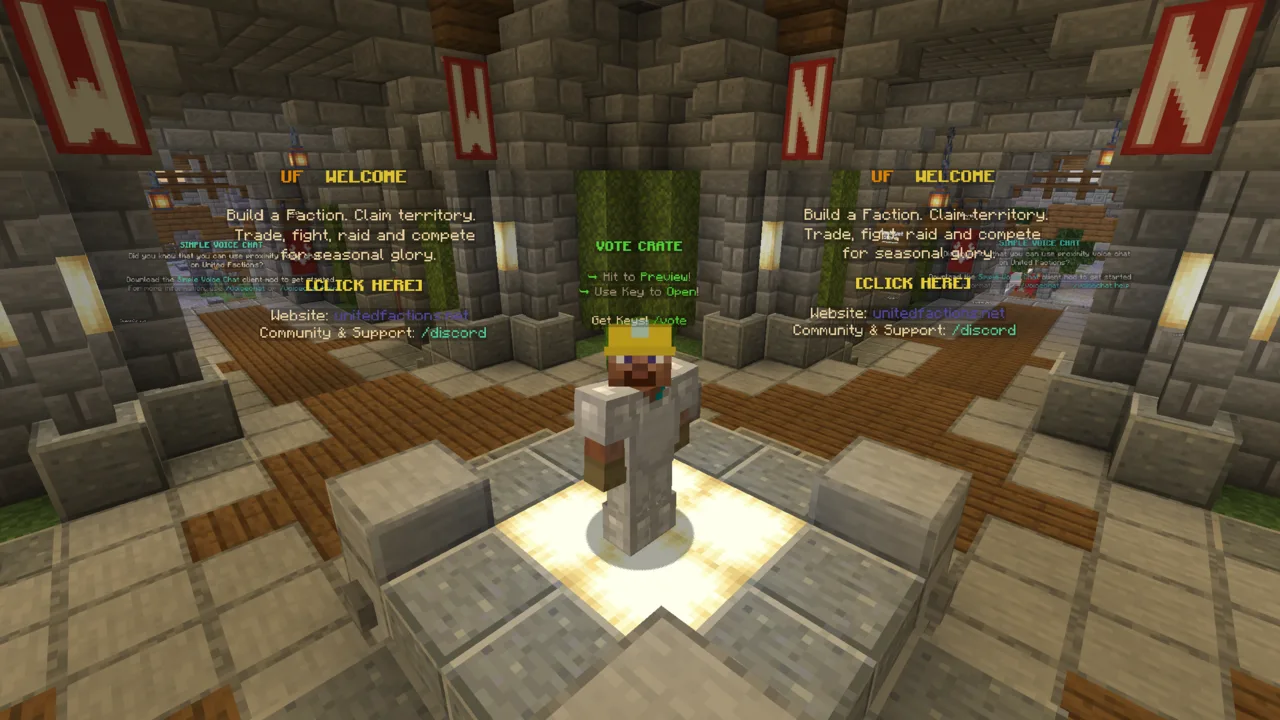 A Minecraft player at United Factions spawn near faction signs.