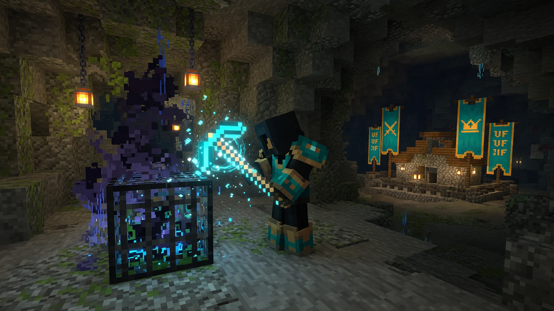 A Minecraft-style player mining a monster spawner with a glowing Silk Touch pickaxe in a United Factions cave.