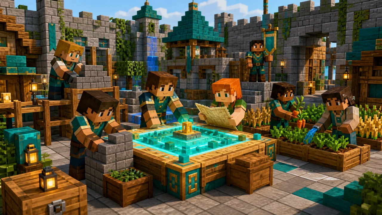 Minecraft players building, farming and planning together inside their faction.