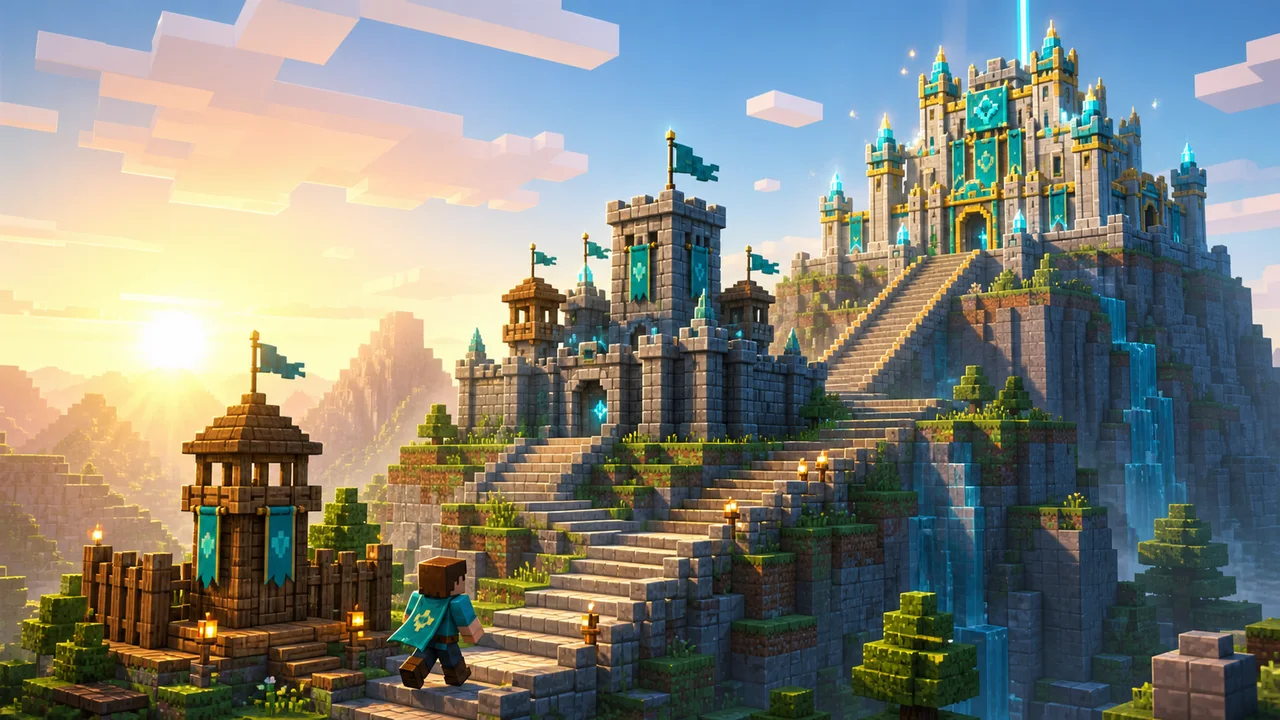 A Minecraft player climbing from a small outpost to a large castle.
