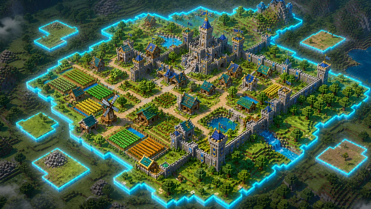 A connected claimed Minecraft land with a castle, farms and roads.