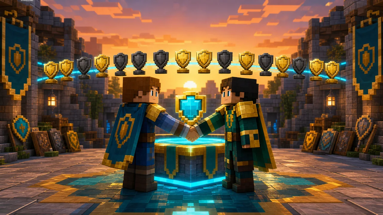 Two Minecraft faction leaders shaking hands below a row of completed war trophies.