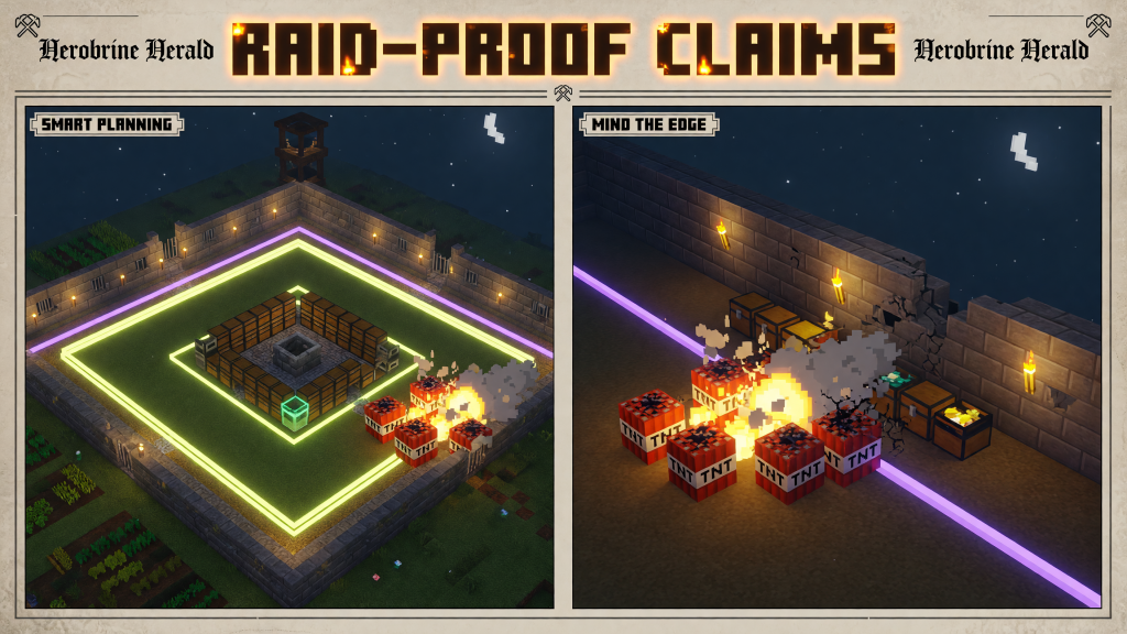Raid-Proof Claims: storage inside protected land and TNT outside the claim border