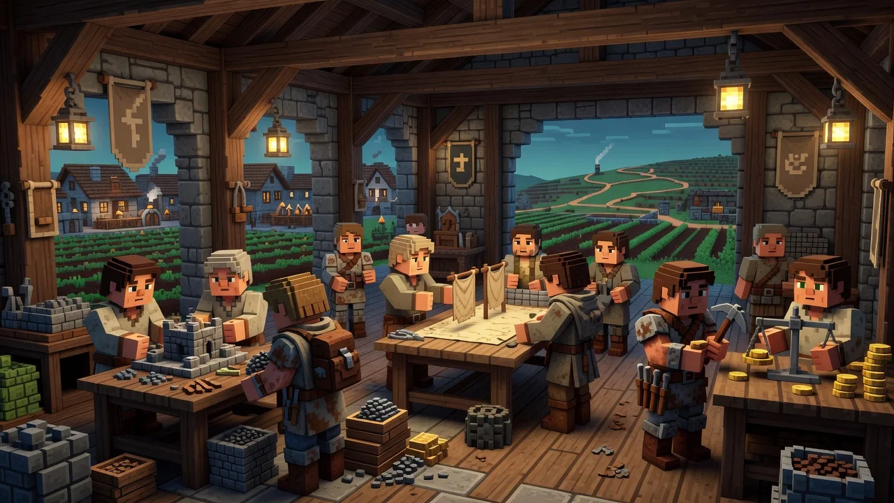 Cinematic voxel concept art of different United Factions player paths meeting near a faction base and community hub.