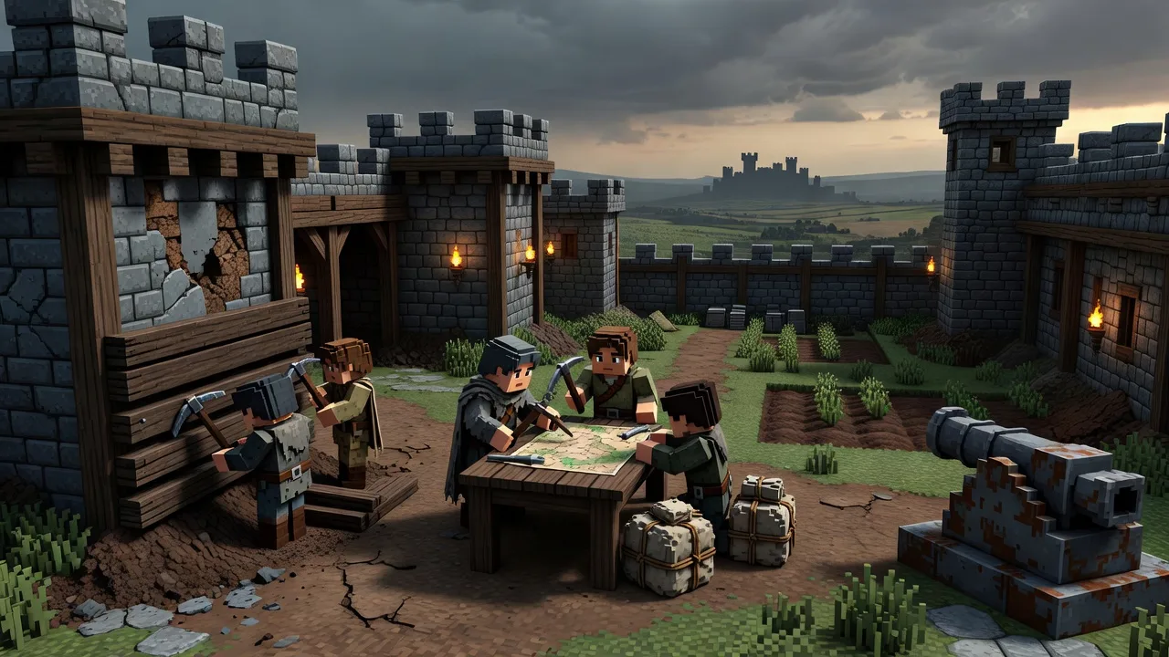 Cinematic voxel concept art of a factions raid planning scene with fortified walls, TNT pressure and defensive preparation.