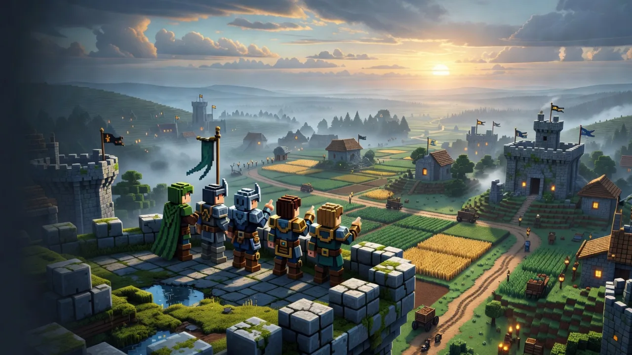 Cinematic voxel concept art of a United Factions-style world with claimed land, fortified builds and players gathering for Season One.