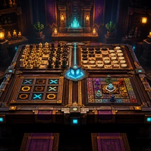 A glowing block-built table with chess and classic board games