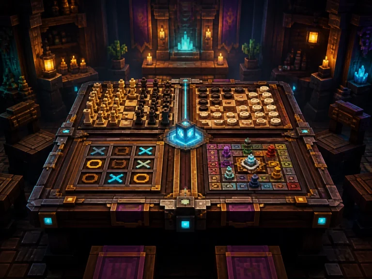 A glowing block-built table with chess and classic board games
