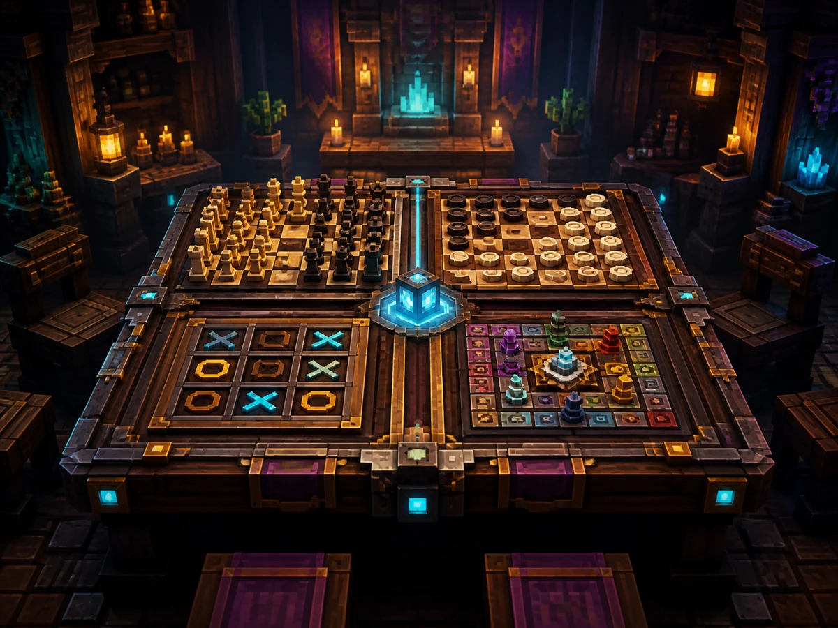 A glowing block-built table with chess and classic board games