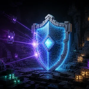 A glowing shield protects a block-built underground world