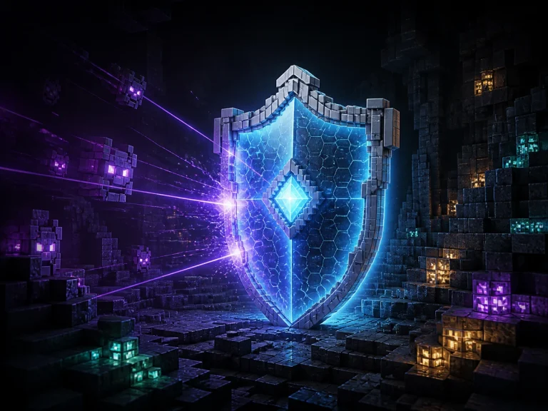 A glowing shield protects a block-built underground world